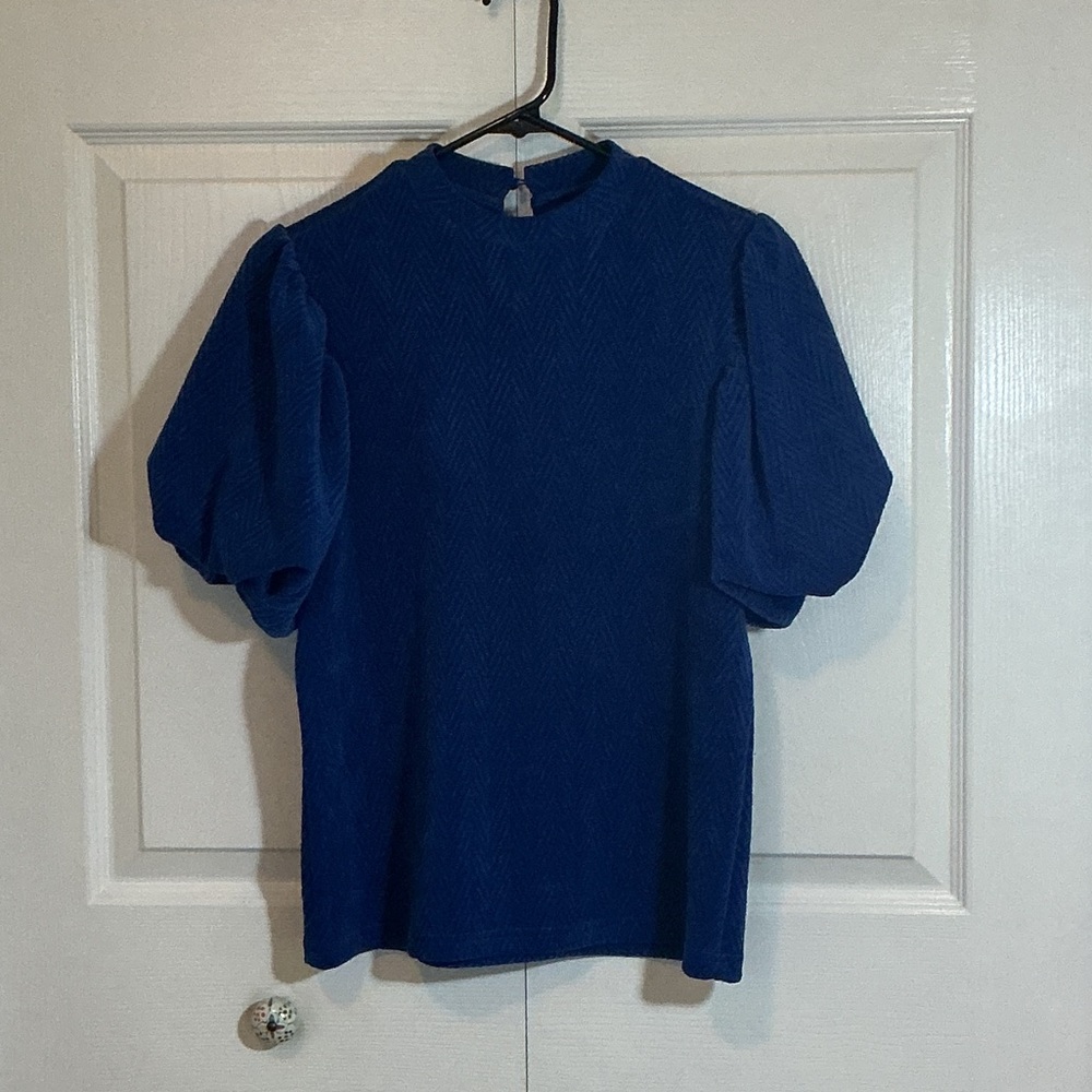Azure Blue Puff Sleeve Velour Top